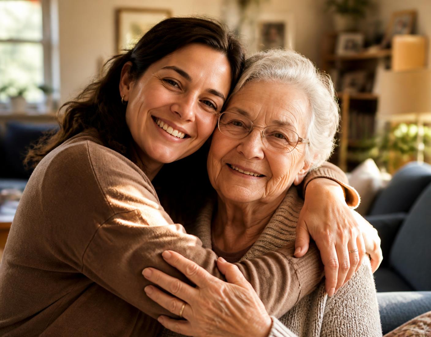 Adult daughter embracing her elderly mother in a sunlit living room